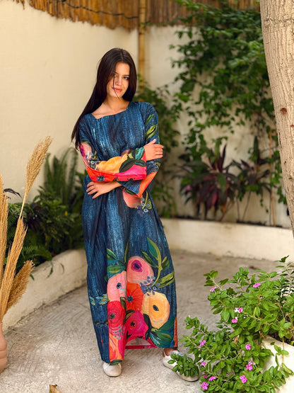Blue patterned linen dress