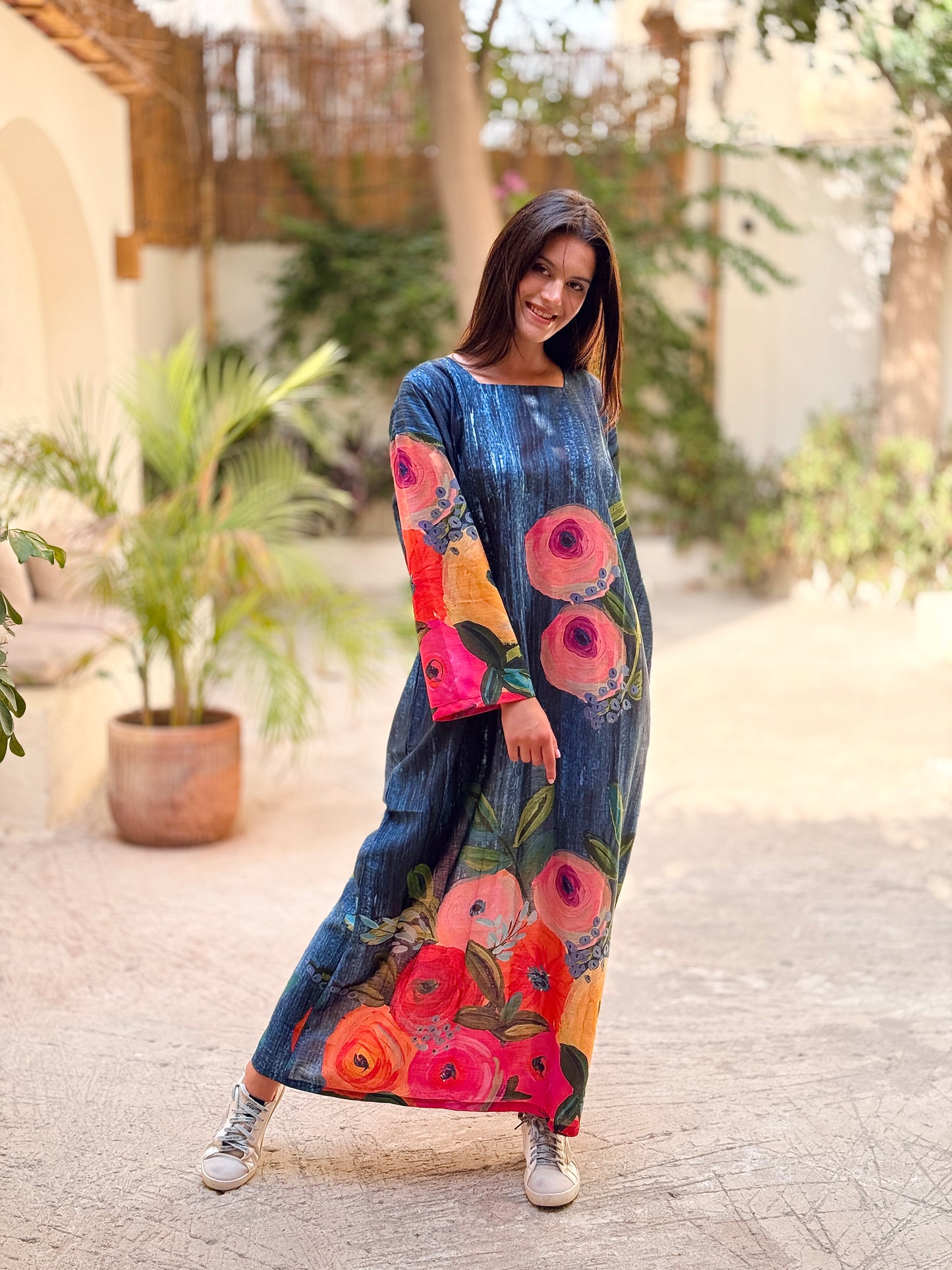 Blue patterned linen dress