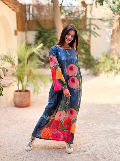 Blue patterned linen dress