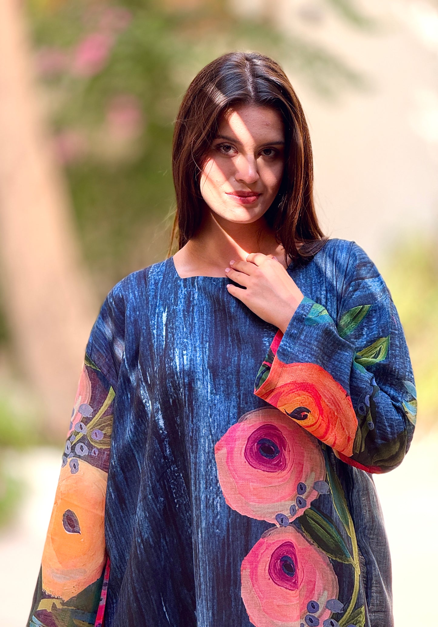 Blue patterned linen dress