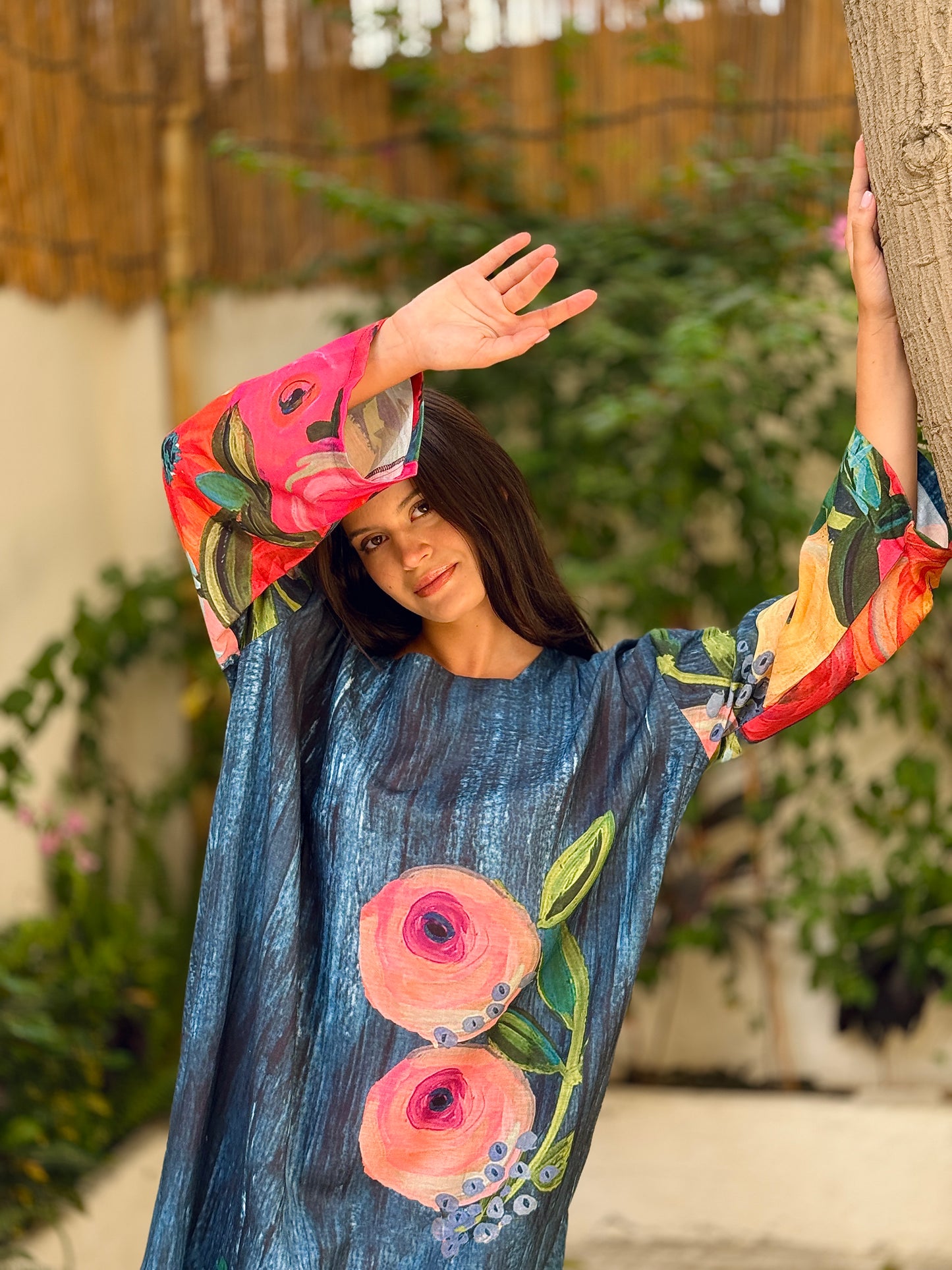Blue patterned linen dress