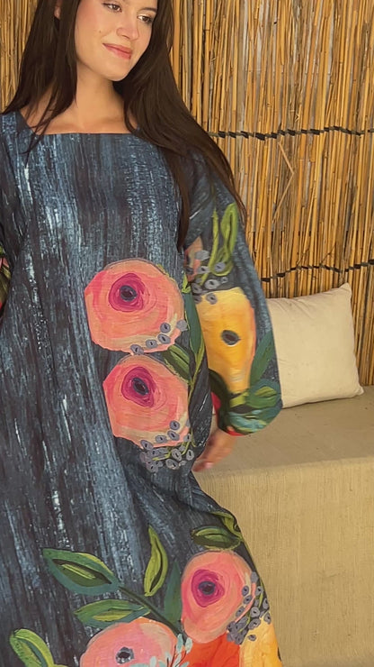 Blue patterned linen dress